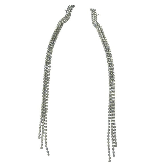 Long Silver Tone Rhinestone Dangle Earrings 8 Inch Drop Statement Sparkle Party - Picture 1 of 8